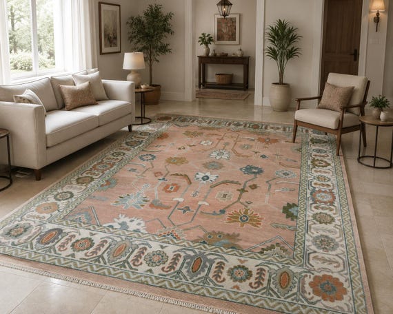 Captivating Soft Pink Hand Knotted Rug | Floral Botanical Area Carpet | Handmade Vintage Inspired Garden Pattern | All Custom Size Available