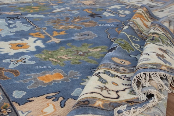 Gorgeous Blue Oushak Rug | Multicolor Floral & Abstract Handmade Carpet | Cream Vine Border Detailed Symmetry | Balcony Hall Kitchen Bedroom