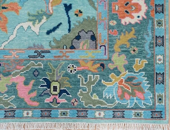 Stunning Light Blue Oushak Rug | Hand Knotted Turquoise Border | Multicolor Floral & Geometric Motif | Livingroom, Drawingroom, Hall, Office