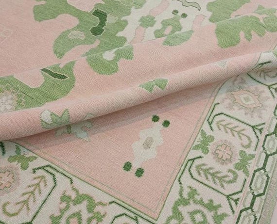 Muted Pink Oushak Rug | Hand Knotted New Zealand Wool Carpet | Ornamental Leaf & Geometric Pattern Area Rug | Living Room, Bedroom, Entryway