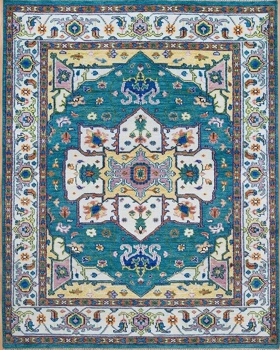 Lustrous Teal Oushak Rug | Vintage Inspired Handmade Wool Carpet | Teal Medallion & Ornate Border | Modern Home Decor | Living Room, Bedroom