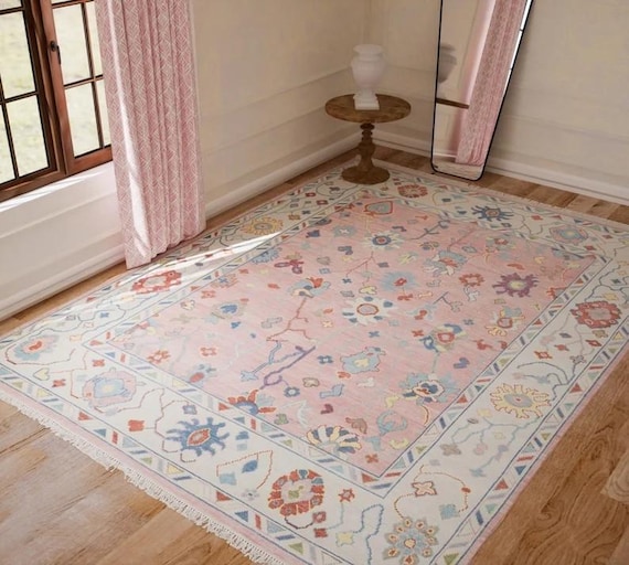 Eye Catching Soft Pink Oushak Rug | Cream Frame Carpet | Detailed Floral Geometric Design | Large Handmade Wool Area Rug | 9x12 10x14 12x15