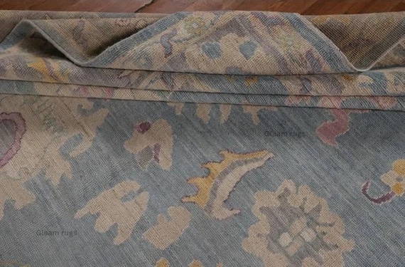 Traditional Boho Oushak Rug | Blue Field Carpet | Pastel Floral Geometric Motifs | Yellow, Pink and Cream | 8x10, 9x12, 10x13, 11x14, 12x15
