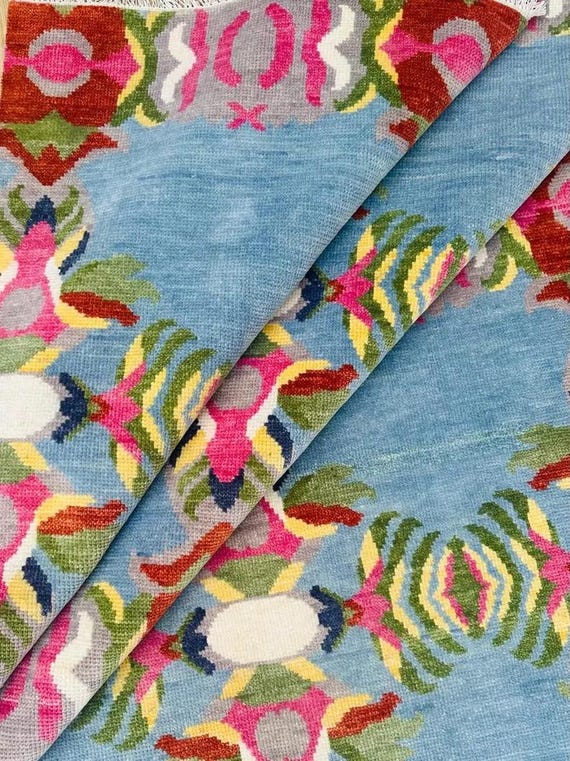 Terrific Light Blue Oushak Rug | Hand Knotted Decorative Multicolor Carpet | Vintage Inspired Red Pink Motifs | Floral & Geometric Design