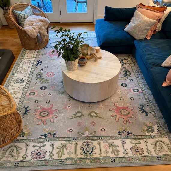 Sophisticated Light Blue Oushak Rug | Pastel Floral Medallion Carpet | Traditional Botanical Border Decor | New Zealand Wool Handmade Carpet