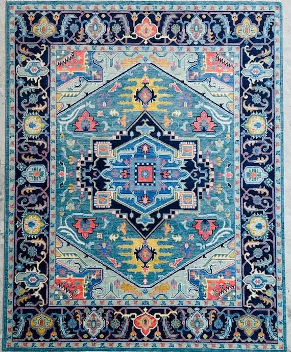 Elegant Oriental Diamond Oushak Rug | Hand-Knotted Wool & Cotton, Blue Teal Red Geometric Floral Design | 8x10, 9x12, 10x13, 11x14, 12x15