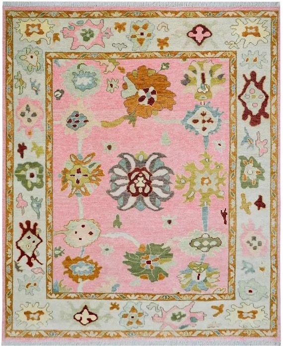 Pink Hand Knotted Wool Rug | Muted Oushak Traditional Area Rug | Pastel Ivory Border Floral Carpet | Custom Size Living Room, Bedroom Rug.