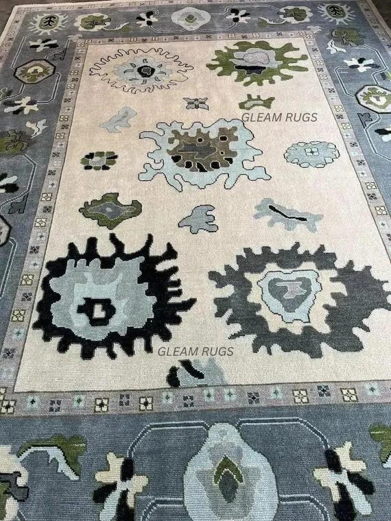 Abstract Beige Oushak Rug | Hand-Knotted New Zealand Wool Carpet Blue, Green & Gray | All Available Sizes 8x10, 9x12, 10x13, 11x14, 12x15