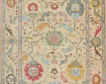 Pastel Hand Knotted Wool Rug | Turkish Style Oushak Area Rug | Cream Grandmillennial Floral Paisley Carpet |Vintage Style Whimsical Rug