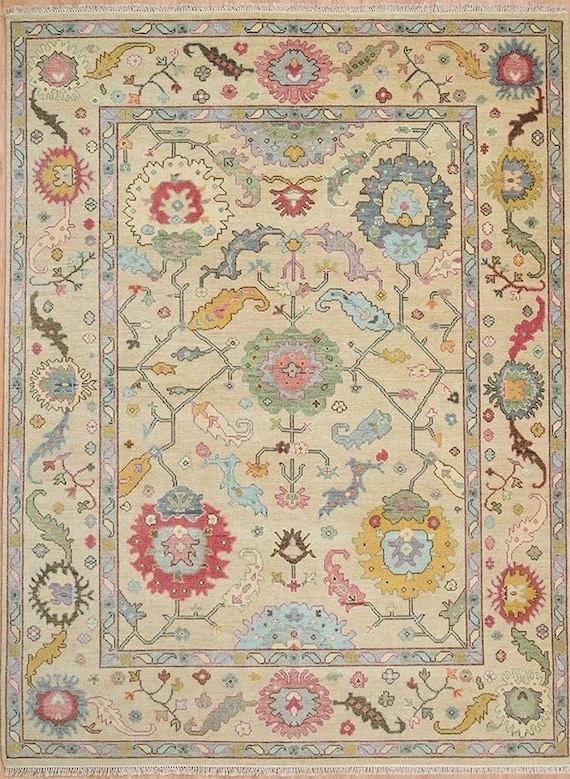Pastel Hand Knotted Wool Rug | Turkish Style Oushak Area Rug | Cream Grandmillennial Floral Paisley Carpet |Vintage Style Whimsical Rug