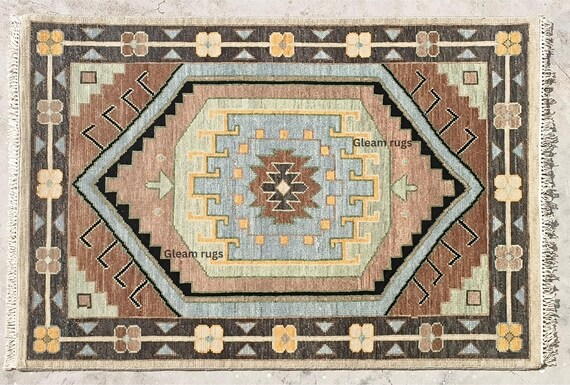 Authentic Brown Oushak Rug | Hexagonal Center Handmade Carpet | Angular Geometric & Floral Style Zigzag Triangular Border | New Zealand Wool