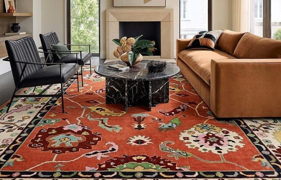 Radiant Coral Red Hand Knotted Rug | Botanical Medallion Wool Area Carpet | Colorful Garden Vine Pattern | Floral Handmade Ornamental Border