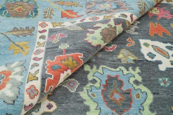 Slate Grey Oushak Rug | Traditional Abstract Floral Carpet | Dining Room, Eclectic, Bohemian, Transitional, Bedroom, Living Room, Kitchen