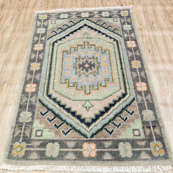 Bold Grey Oushak Rug | Turkish Style Wool Carpet | Large Boho Area Rug | Green & Blue Hexagon Geometric Floral Design | Living Room, Bedroom