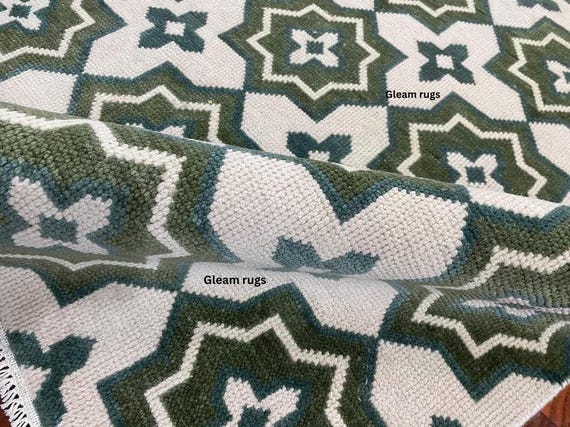 Green Star Handmade Oushak Rug | Geometric Pattern White & Dark Green Accents | Vintage Insired Decorative Area Rug Custom Sizes Available