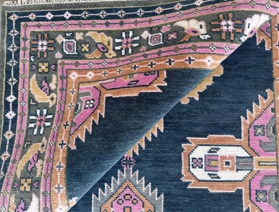 Opulent Navy Blue & Pink Oushak Rug | Pink Purple Gold Handmade Carpet | Vintage Inspired Diamond and Petal Motifs Floral Feather Border