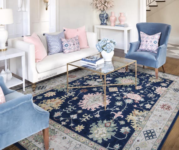 Royal Ornate Navy Oushak Rug | Hand Knotted New Zealand Wool Carpet | Handmade Botanical Medallion Pattern | Floral Ivory Border Area Decor