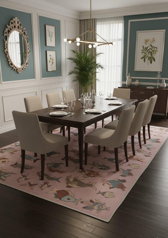 Pink Fish Rug – Hand Knotted Oushak Wool Area Rug | Coastal Nautical Design | 8x10 Fish Motif, Vintage Style Tribal Carpet.