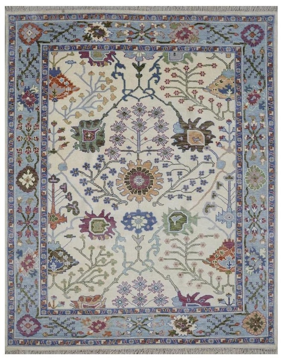 Decorative Light Beige Oushak Rug | Handmade Wool Carpet | Blue Floral Medallion & Vine Border Motifs | Large Area Rug Hall, Kitchen, Office
