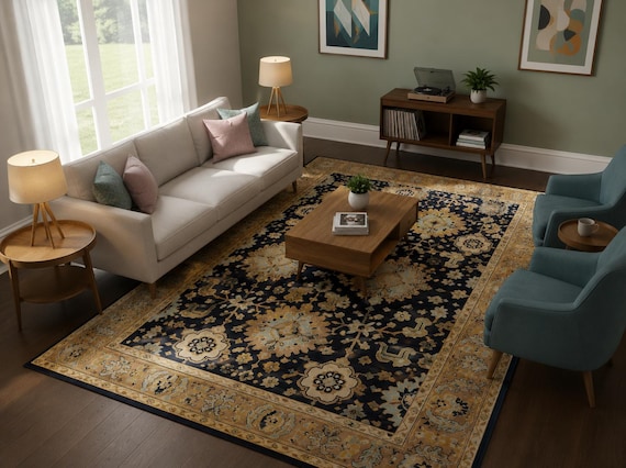 Midnight Blue Hand Knotted Rug | Vintage Inspired Floral Carpet | Ornamental Botanical Heritage Design | Living Room, Dining Room & Bedroom