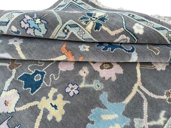 Elegant Charcoal Oushak Rug | Soft Grey Field Carpet | Floral Vine Motifs | Vintage Inspired Transitional Decor