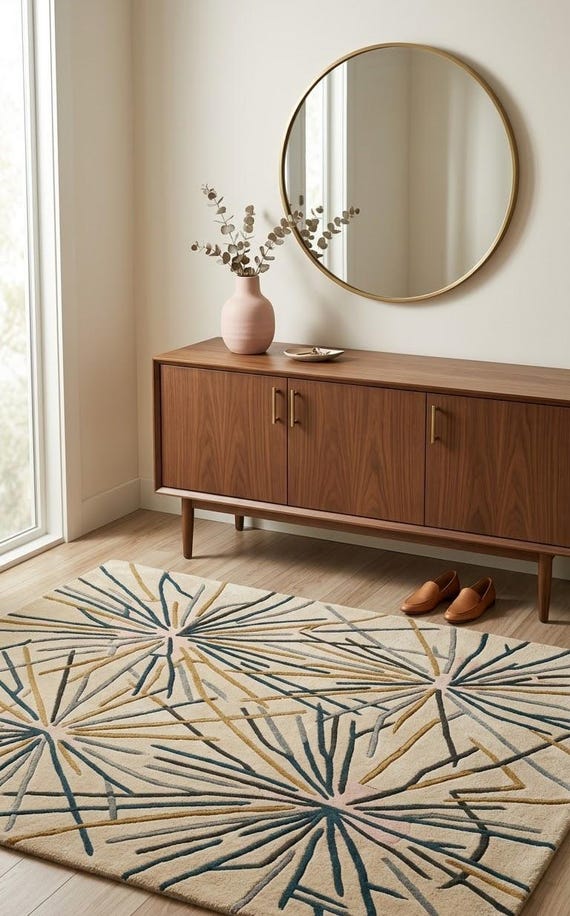 Contemporary Abstract Hand Tufted Rug | Modern Geometric Handmade Decor | 100 % New Zealand Wool Carpet | Starburst Artistic Floor Covering