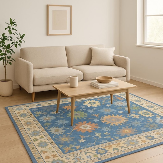 Blue Oushak Rug: Hand Knotted New Zealand Wool, Modern Floral Carpet