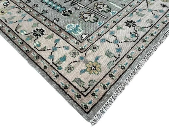 Sophisticated Muted Gray Oushak Rug | Floral Vine Hand‑Knotted Carpet | Geometric Botanical Tree of Life Traditional Area Floor Rug Decor