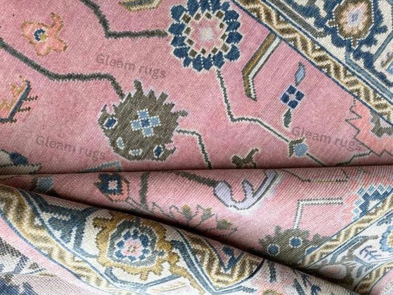 Charming Soft Pink Oushak Rug | Soft Pink Field Carpet | Geometric Floral Motifs | Vintage Inspired Boho Design | All Custom Sizes Available