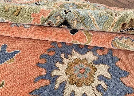Peach Hand Knotted Wool Rug | Sage Green Border Turkish Style Oushak Area Rug | Terracotta Coral Traditional Floral Carpet | Custom Size Rug