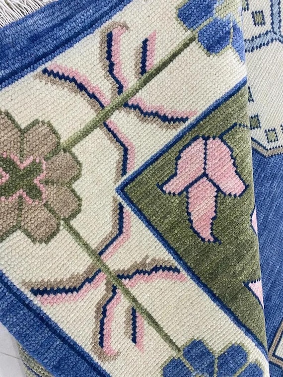 Vintage Inspired Oushak Rug | Turquoise & Beige with Floral Motifs | Floral Geometric Carpet | Living Room, Bedroom, Dining Area, Hallway