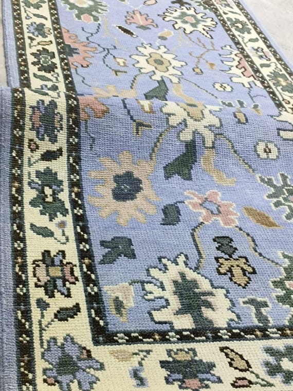 Lavender Floral Runner Oushak Rug | Hand Knotted New Zealand Wool Carpet | Handmade Botanical Flower Pattern | Garden Motif Blue Area Decor