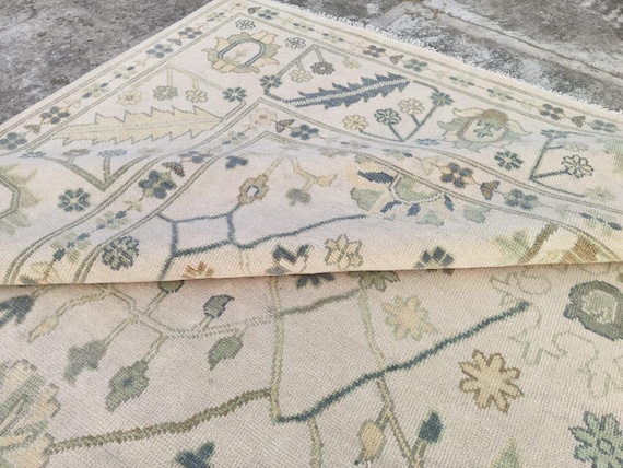 Neutral Ivory Hand Knotted Rug | Pastel Blue Floral Light Lattice Carpet | Botanical Medallion Area Decor | Nature Inspired Heirloom Design