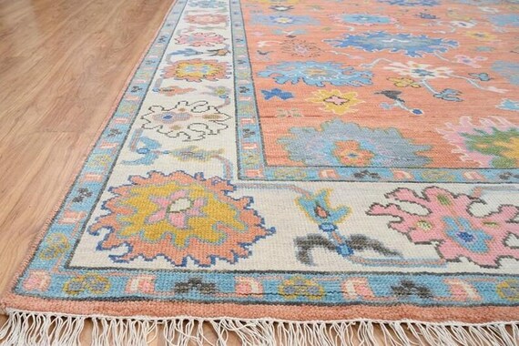 Alluring Peach Coral Oushak Rug | Hand‑Knotted Wool Carpet | Multicolor Floral Medallion Area Rug | Living Room, Bedroom, Hallways, Kitchen