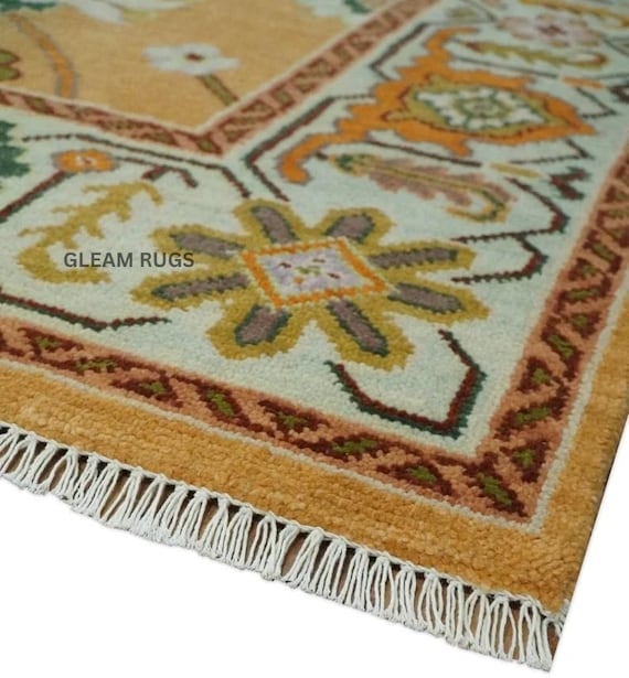 Golden Brown Oushak Rug | Hand-Knotted Wool & Cotton, Traditional Floral Geometric Motifs | All Custom Sizes 8x10, 9x12, 10x13, 11x14, 12x15