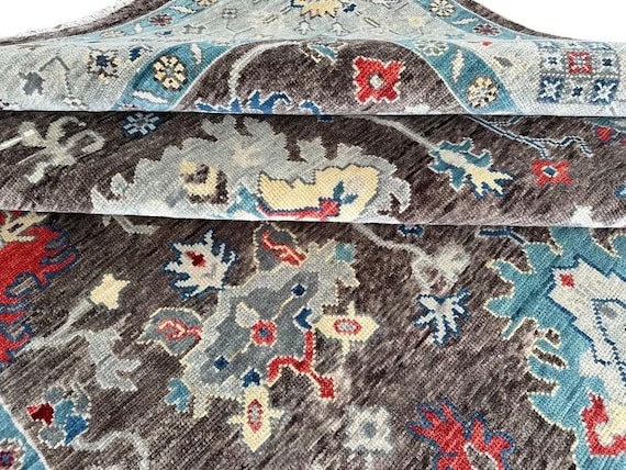 Rich Brown Charcoal Oushak Rug | Floral Medallion Hand‑Knotted Carpet | Geometric Botanical Traditional Area Rug | Living Room, Dining Room