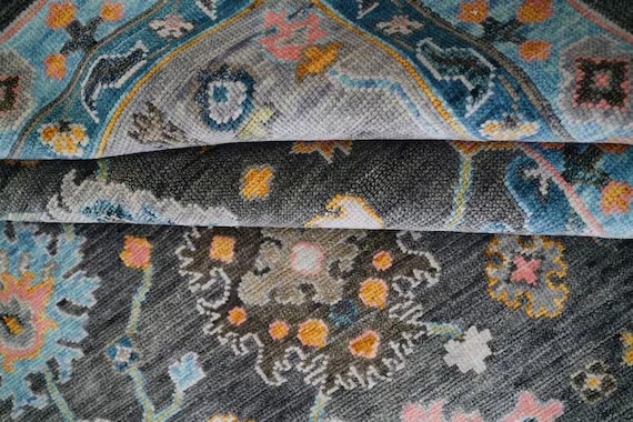 Luxurious Dark Gray Oushak Rug | Pastel Floral Field Carpet Geometric Borders | Boho Traditional Style | Living Room, Bedroom, Dining Room