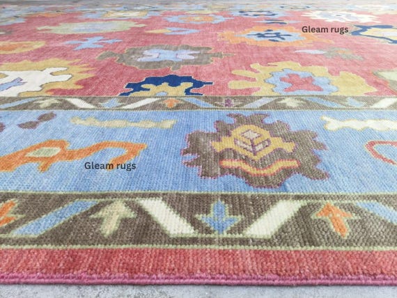 Outstanding Coral Oushak Rug | Light Blue Border Handmade Carpet | Multicolor Abstract Floral & Geometric Style | Living Room Bedroom Office