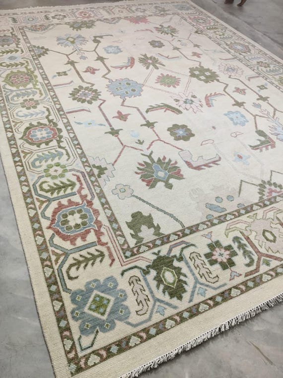 Blooming Botanical Oushak Rug | Ivory Heritage Floral Carpet | Luxury Garden Handmade Artisan Home Decor | 7x9 8x10 9x12 10x14 11x13 12x15