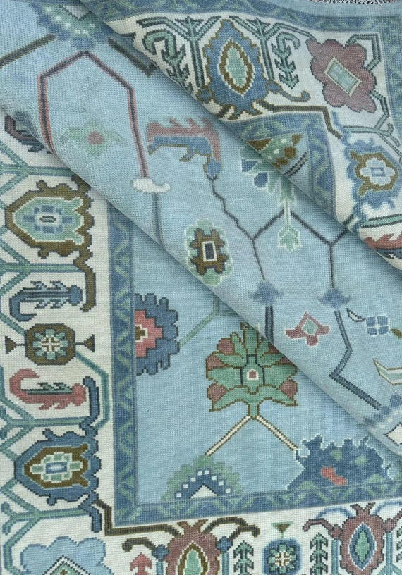 Charismatic Blue Oushak Rug | Hand Knotted Wool Carpet | Large Bohemian Area Rug | Sky Blue Floral Geometric Pattern | 9x12, 10x14, 12x15