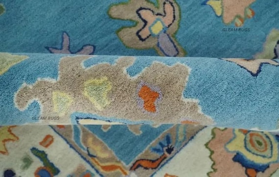 Light Blue Hand Tufted Wool Rug | Whimsical Geometric Palmette Area Carpet | Ivory Border Orange Floral Rug | Custom Size Luxury Kids Room