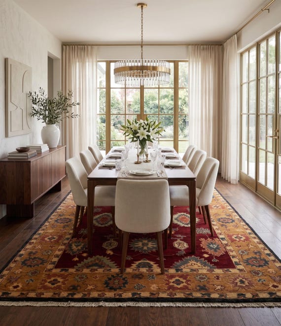 Ravishing Bright Hand Knotted Rug | Traditional Floral Wool Medallion Carpet | Geometric Border Botanical Motifs Decor | All Sizes Available