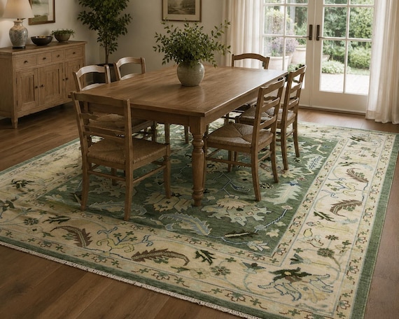 Fascinating Sage Green Hand Knotted Rug | Symmetrical Botanical Vine Pattern | Ivory Floral Border Carpet | Nature Inspired Home Area Decor