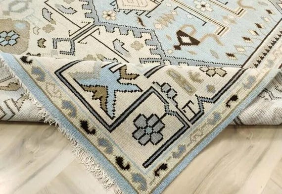 Ice Blue Hand Knotted Wool Rug | Vintage Inspired Serapi Style Area Carpet | Ivory Cream Geometric Medallion Rug | Custom Size Living Room