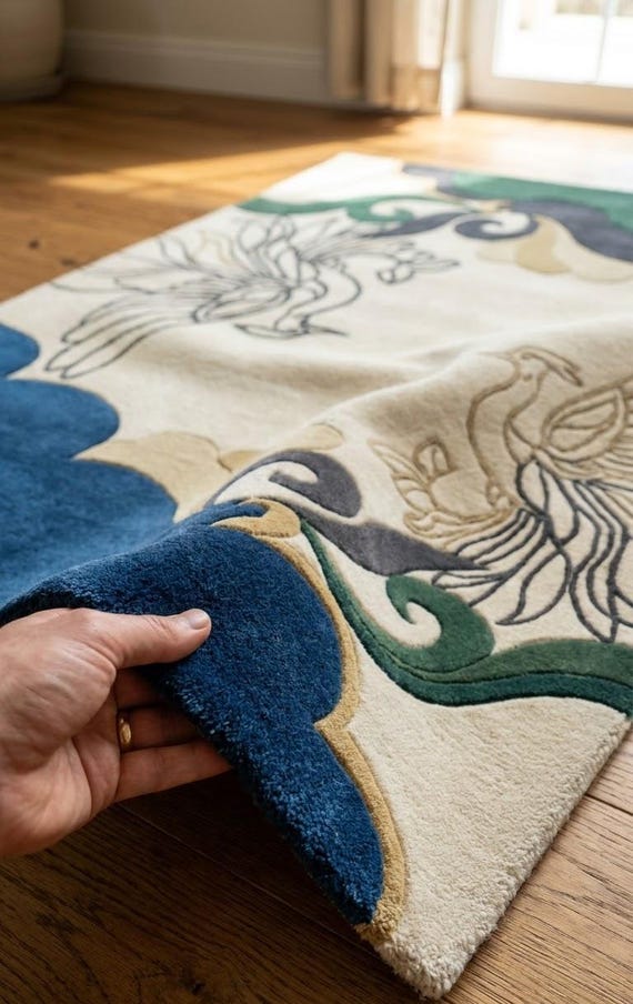 Extraordinary Botanical Hand Tufted Rug | Blue & White Crane Design Carpet | Oriental Floral Wave Pattern | Artistic Area Nature Bird Decor