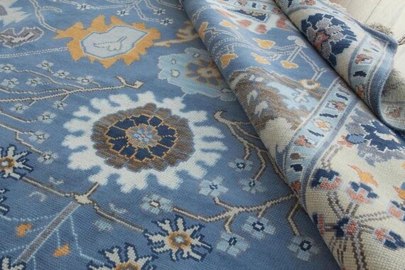 Elegant Slate Blue Oushak Rug | Floral Medallion Hand‑Knotted Carpet | Geometric Botanical Soft Cream Border | 8x10 9x12 10x14 11x14 12x15