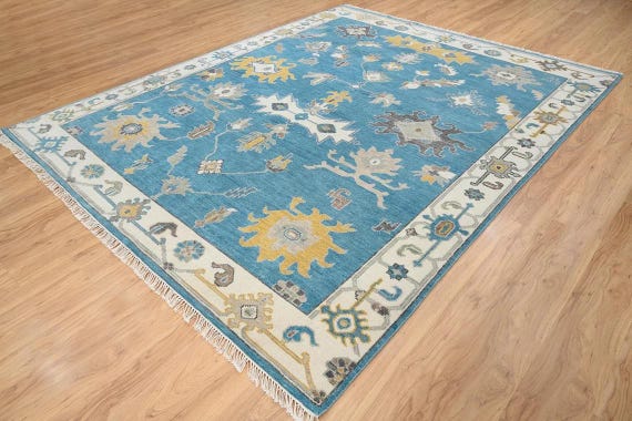 Elegant Aqua Oushak Rug | Cream Border Carpet | Floral Geometric Medallions | Boho Traditional Decor | Living Room, Bedroom, Dining, Hallway
