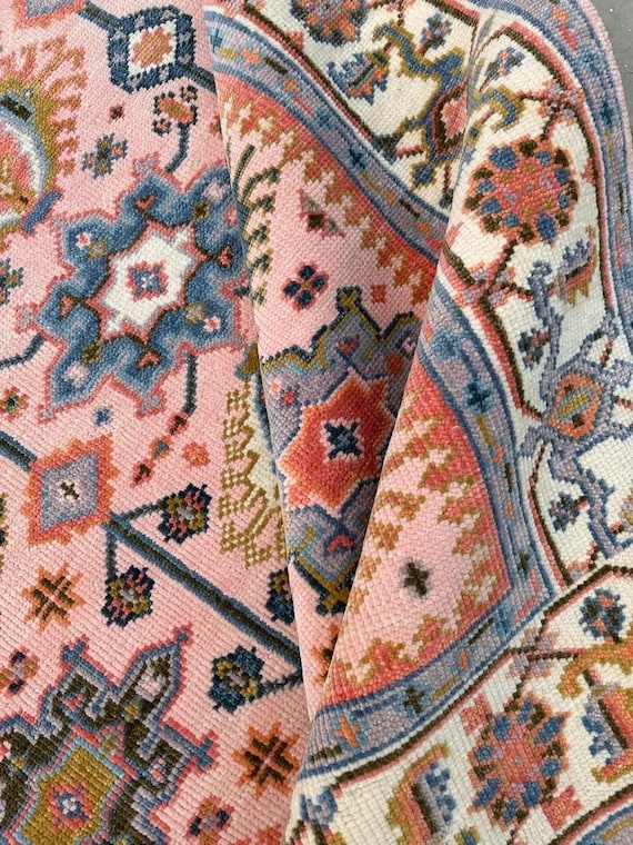 Striking Blush Oushak Rug | Soft Pink Field Carpet | Geometric Medallion Motifs | Vintage Inspired Boho Decor