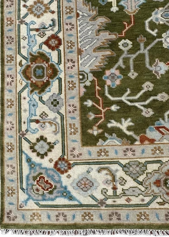 Olive Green Oushak Rug | Handmade Medallion Carpet | Ivory Border Field | Vintage Inspired Floral Decor | 5x8 6x9 8x10 10x13 11x14 12x15 ft