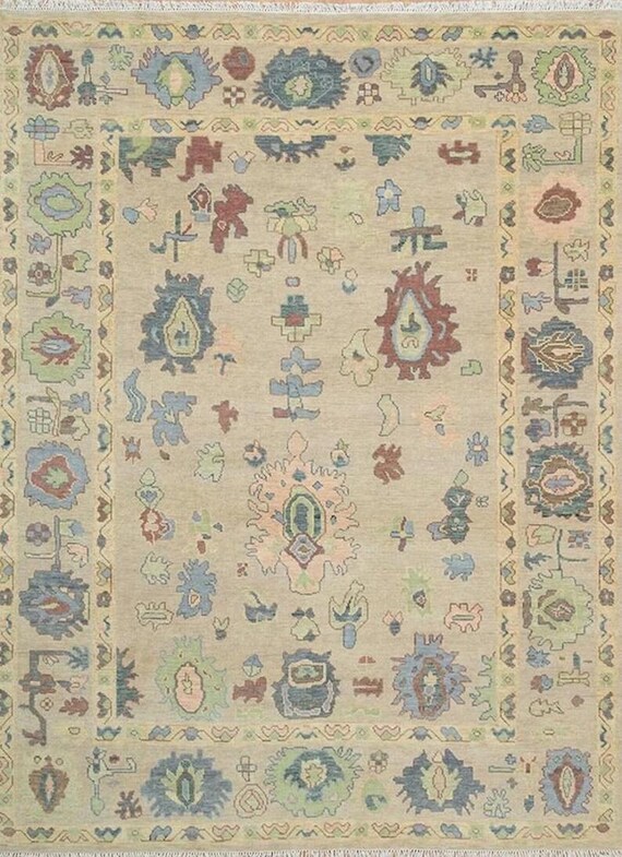 Handmade Oushak Rug | Sand Color, Knotted Wool, Antique Style |